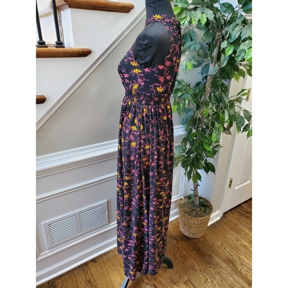 Black Floral Women's Cotton Halter Neck Pleated Sleeveless Long Maxi Dress S - Picture 6 of 15